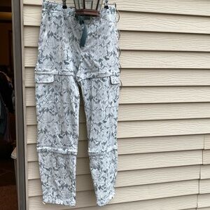 Athleta Size 12 zipoff cargo style pants. Green/off white pattern. ZIP pockets
